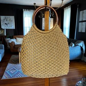 Rare Large Trina Turk Vintage crochet Macrame Jute Tote Vintage wooden handles
